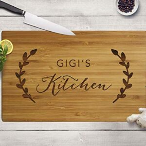 Andaz Press Large Bamboo Wood Cutting Board Gift for Mother's Day, 17.75 x 11-inch, Rustic Laurels, Gigi's Kitchen, 1-Pack, Laser Engraved Serving Chopping Board Christmas Birthday Chef Kitchen Ideas