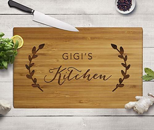 Andaz Press Large Bamboo Wood Cutting Board Gift for Mother's Day, 17.75 x 11-inch, Rustic Laurels, Gigi's Kitchen, 1-Pack, Laser Engraved Serving Chopping Board Christmas Birthday Chef Kitchen Ideas