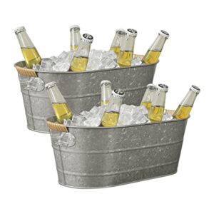 2 pack farmhouse metal galvanized beverage tub, beer, wine, ice holder - ice buckets for parties,1.45 gallons rustic vintage storage oval bucket bin - galvanized/cutout handle with pe rattan