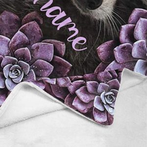 Custom Blanket with Name Text,Personalized Animal Raccoon Purple Plant Super Soft Fleece Throw Blanket for Couch Sofa Bed (50 X 60 inches)