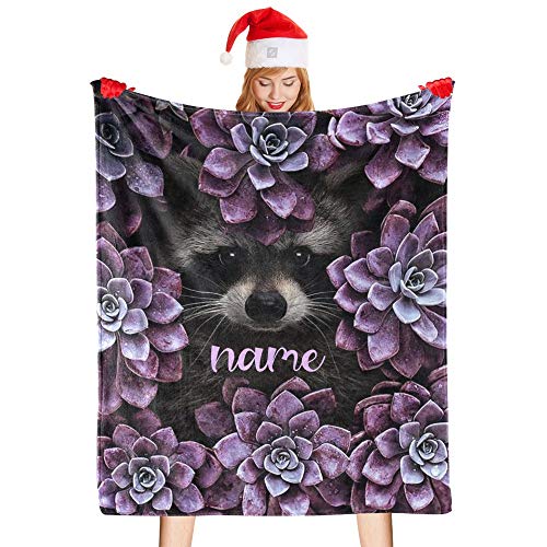 Custom Blanket with Name Text,Personalized Animal Raccoon Purple Plant Super Soft Fleece Throw Blanket for Couch Sofa Bed (50 X 60 inches)