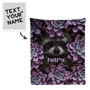 Custom Blanket with Name Text,Personalized Animal Raccoon Purple Plant Super Soft Fleece Throw Blanket for Couch Sofa Bed (50 X 60 inches)