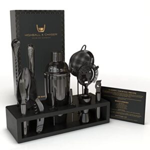 highball & chaser 13-piece cobbler cocktail shaker set: black polished stainless steel bartender kit for home bar cocktail set | laser engraved cocktail tools | plus e-book with 30 cocktail recipes