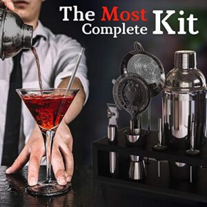 Highball & Chaser 13-Piece Cobbler Cocktail Shaker Set: Black Polished Stainless Steel Bartender Kit for Home Bar Cocktail Set | Laser Engraved Cocktail Tools | Plus E-Book with 30 Cocktail Recipes