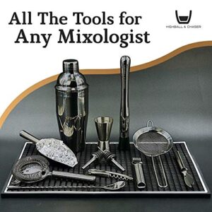 Highball & Chaser 13-Piece Cobbler Cocktail Shaker Set: Black Polished Stainless Steel Bartender Kit for Home Bar Cocktail Set | Laser Engraved Cocktail Tools | Plus E-Book with 30 Cocktail Recipes