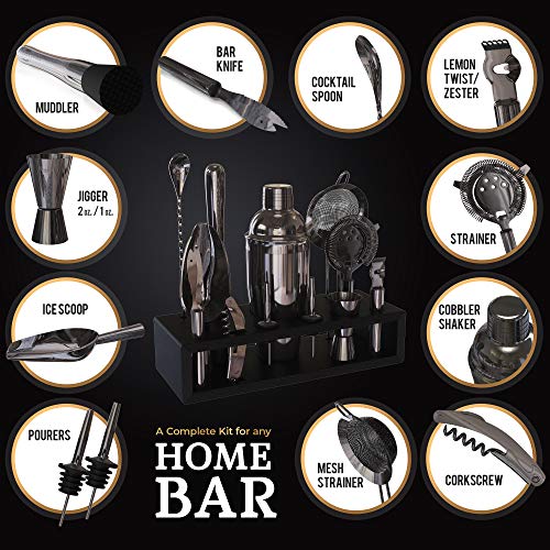 Highball & Chaser 13-Piece Cobbler Cocktail Shaker Set: Black Polished Stainless Steel Bartender Kit for Home Bar Cocktail Set | Laser Engraved Cocktail Tools | Plus E-Book with 30 Cocktail Recipes