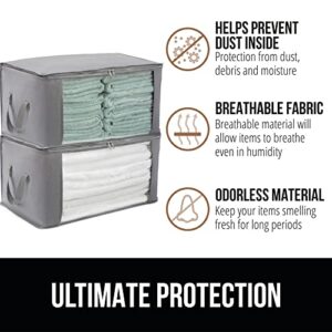 Gorilla Grip Large Clothes Storage Bag Organizer 3 Pack and Nonslip Bed Sheet Straps 4 Pack, Storage Bag Size 90L in Gray, Reinforced Handles, Sheet Straps in White, Easy Install, 2 Item Bundle