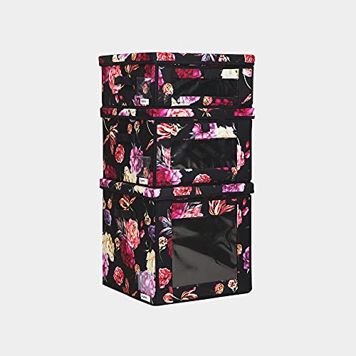 Foldable Clothes Storage Bag Organizer Dual Access Magnetic Bins Strong Handle Quality Fabric for Collapsible Closet Boxes Under the Bed Linen Bedding Blankets (Navy floral, SML Combo 3 pack)