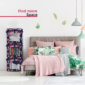 Foldable Clothes Storage Bag Organizer Dual Access Magnetic Bins Strong Handle Quality Fabric for Collapsible Closet Boxes Under the Bed Linen Bedding Blankets (Navy floral, SML Combo 3 pack)