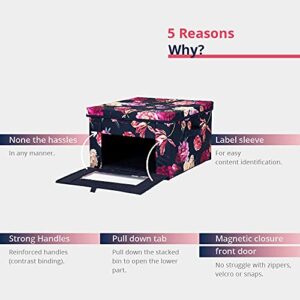 Foldable Clothes Storage Bag Organizer Dual Access Magnetic Bins Strong Handle Quality Fabric for Collapsible Closet Boxes Under the Bed Linen Bedding Blankets (Navy floral, SML Combo 3 pack)