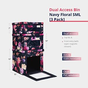 Foldable Clothes Storage Bag Organizer Dual Access Magnetic Bins Strong Handle Quality Fabric for Collapsible Closet Boxes Under the Bed Linen Bedding Blankets (Navy floral, SML Combo 3 pack)