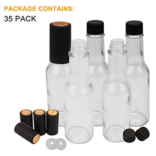 Glass Bottles,Encheng 5oz Clear Woozy Bottles with Shrink Capsules,Small Wine Bottles With Shirnk Bands Glass Hot Sauce Bottles,Empty Small Beverage Bottles Canning Bottles With Black Caps Case of 35