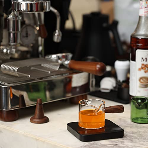 WALNUT COFFEE 75ml Colored Espresso Shot Glass Double Spouts with Walnut Handle, Measuring Triple Pitcher Milk Cup with 2 Spouts, Coffee Measuring Cup Glass with Walnut Handle for Barista (Clear)