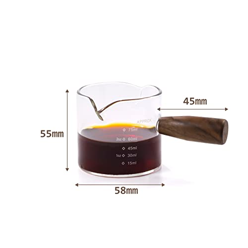 WALNUT COFFEE 75ml Colored Espresso Shot Glass Double Spouts with Walnut Handle, Measuring Triple Pitcher Milk Cup with 2 Spouts, Coffee Measuring Cup Glass with Walnut Handle for Barista (Clear)