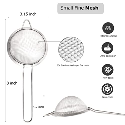 Fine Mesh Strainer Stainless Steel 3 Inch Small Mini Tea Strainer Cocktail Food Coffee Sturdy Long Handle Double Straining Sifter Kitchen Metal Bar Sieve Utensil strainer for juicing (Silver)