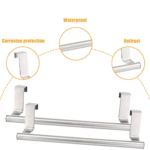 Coufce 23cm / 9 Inch Stainless Steel Kitchen Cabinet Towel Holder, Over Door Towel Rack Bar Holder, Towel Rack with Hooks for Bathroom, Over Cabinet Cupboard Doors(2Pcs)