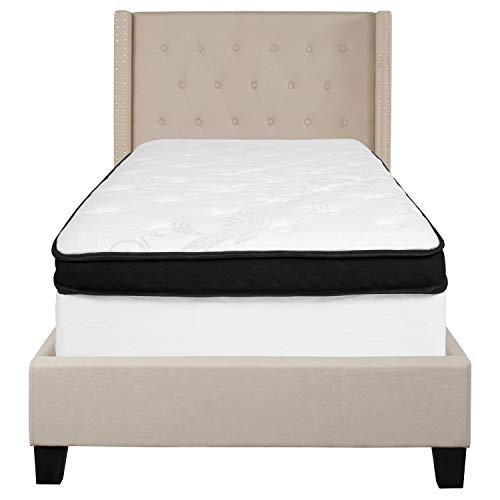 Flash Furniture Riverdale Twin Size Tufted Upholstered Platform Bed in Beige Fabric with Memory Foam Mattress