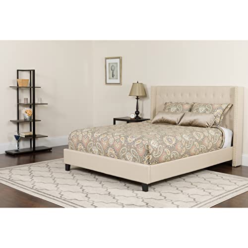 Flash Furniture Riverdale Twin Size Tufted Upholstered Platform Bed in Beige Fabric with Memory Foam Mattress