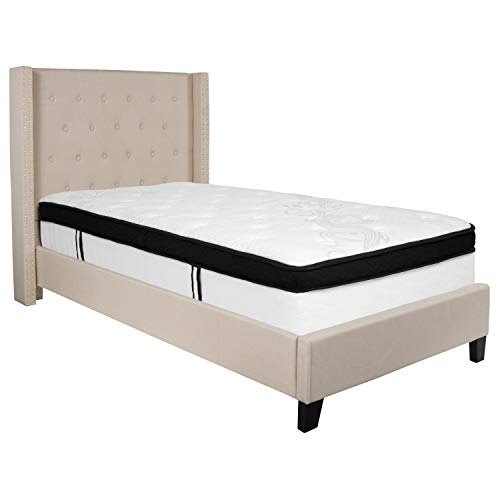 Flash Furniture Riverdale Twin Size Tufted Upholstered Platform Bed in Beige Fabric with Memory Foam Mattress