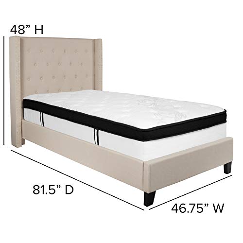 Flash Furniture Riverdale Twin Size Tufted Upholstered Platform Bed in Beige Fabric with Memory Foam Mattress