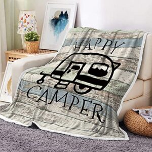 happy camper throw blanket, retro rustic wood neutral color for travel trailer camping theme motor rv fleece blanket, farmhouse soft flannel throw blanket for chair bed sofa couch office, 50x60in