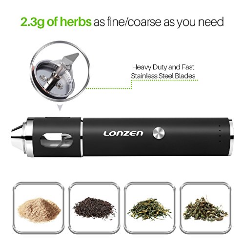 Rechargeable Electric Dry Herb Grinder - LONZEN 2018 Best Design. Crush the Toughest Spice with Heavy Duty Stainless Steel Blades. Clear Glass Dispenser Window. 2 - Year Warranty.