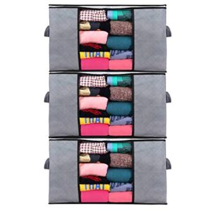 clothes storage bag, large capacity clothes storage organizer with clear window, 3 layer foldable fabric, sturdy handles storage for comforters,bedding,blankets and clothing, 3 pack, 90l, grey