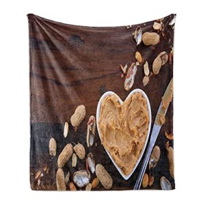 ambesonne peanut butter throw blanket, crunchy peanut butter in white heart shape dish on vintage table, flannel fleece accent piece soft couch cover for adults, 50" x 70", brown pale brown grey
