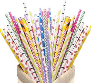 hakacc 200 pack biodegradable paper straws for drinking, 10 different pattern party straws for birthday wedding and holiday diy decorations