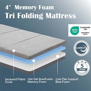 Dyonery Tri Folding Mattress 4 Inch, Twin Portable Trifold Memory Foam Mattress Topper with Washable Cover, Foldable Guest Bed, Travel Mat, 75"×38"×4", Grey