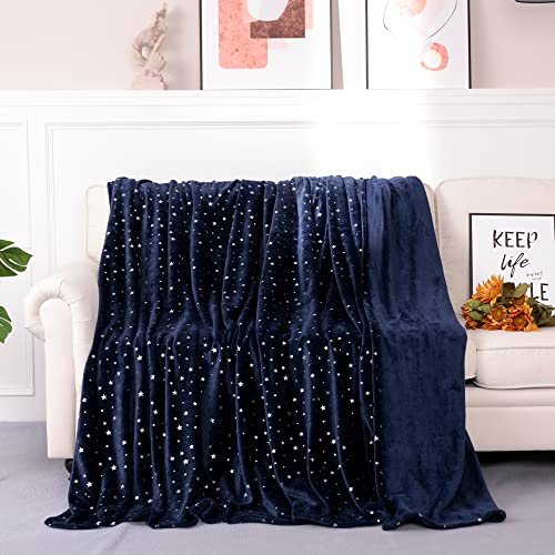 Fleece Throw Blanket, Star Foil Print,Luxury Cozy Microfiber Blanket,Super Soft Thick Microplush Bed Blanket, All Season Premium Fluffy Microfiber Throw for Sofa Couch Throw (65"x80", Navy Blue)