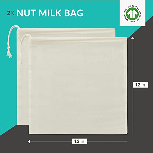 Organic Cheesecloth Nut Milk Bag Strainer 2-Pack, GOTS Certified Cheese Cloths for Straining Food, Yogurt, Juice, Cold Brew Coffee & Tea Filter - Reusable Butter Muslin Greek Yogurt Strainer