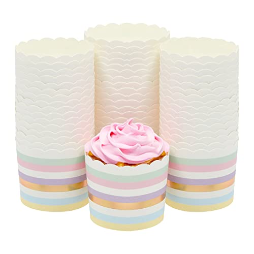 50 Pack Striped Paper Baking Cups, Rainbow Pastel Cupcake Liners for Muffins, Cupcakes, and Desserts for Birthday Parties, Spring Celebrations, and Baby Showers (2.2 In)