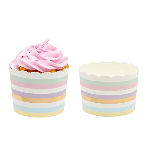 50 Pack Striped Paper Baking Cups, Rainbow Pastel Cupcake Liners for Muffins, Cupcakes, and Desserts for Birthday Parties, Spring Celebrations, and Baby Showers (2.2 In)