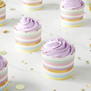 50 Pack Striped Paper Baking Cups, Rainbow Pastel Cupcake Liners for Muffins, Cupcakes, and Desserts for Birthday Parties, Spring Celebrations, and Baby Showers (2.2 In)