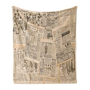 ambesonne antique throw blanket, newspaper pages with advertising and fashion magazine woman edwardian publicity image, flannel fleece accent piece soft couch cover for adults, 50" x 60", cream