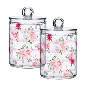 coikll romantic pink red rose qtip holder with lid 2pcs apothecary jars storage containers, clear plastic canister for cotton swab,floss picks, cosmetics