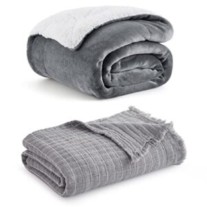 bedsure sherpa fleece blankets grey throw & bedsure 100% cotton muslin blankets grey throw