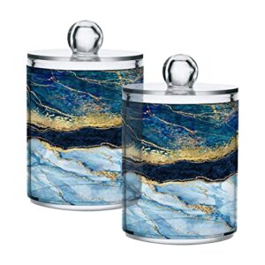 kigai blue gold marble qtip holder - 14oz clear plastic apothecary jars bathroom canister dispenser organizer vanity storage jar with lid for cotton ball, cotton swab, floss (2pack)