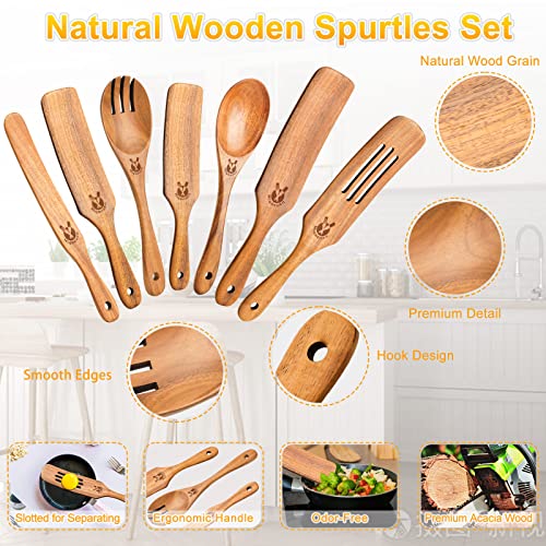 Spurtles Kitchen Tools As Seen On TV, 7Pcs Wooden Spurtle Set Spatula Set, Natural Premium Acacia Wooden Spoons for Cooking Heat Resistant Cooking Utensil for Nonstick Cookware, Salad, Mixing, Serving