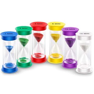 EMDMAK Sand Timer, Acrylic Hourglass Timer Colorful Sandglass Timer 1 min/2 mins/3 mins/5 mins/10 mins/15 mins Sand Clock Timer for Games Classroom Home Office(Pack of 6)