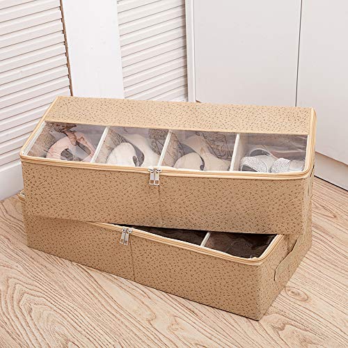 Shoe Storage Under the Bed with Adjustable Dividers,Clear Cover, Sturdy Zipper&Handle,Sides Include Cardboard,Stackable Under bed Shoe organizer, Greate Under bed Shoe Storage Solution,2PCS