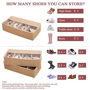 Shoe Storage Under the Bed with Adjustable Dividers,Clear Cover, Sturdy Zipper&Handle,Sides Include Cardboard,Stackable Under bed Shoe organizer, Greate Under bed Shoe Storage Solution,2PCS