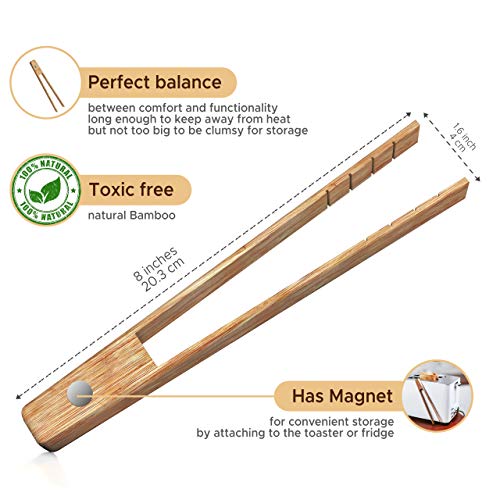 Toaster Tongs With Magnet | Kitchen Utensils For Cooking and Holding Toast Bacon Muffin Bagel Bread | 8 Inch Long Natural Non Toxic Bamboo