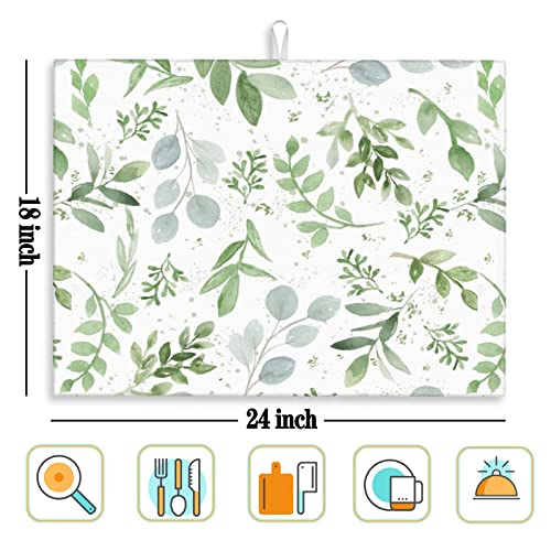 Vodbne Sage Green Leaves Dish Drying Mat XL for Kitchen Counter Microfiber Absorbent Dish Draining Reusable Washable Large 18"x24"