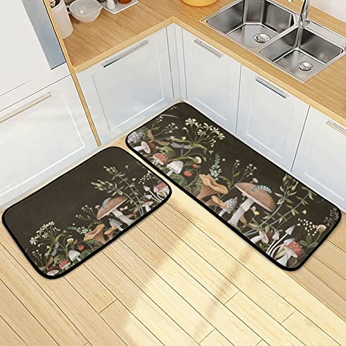 ZENWAWA Night Mushrooms Kitchen Mat 2 Pcs Set Anti Fatigue Cushioned Waterproof Non Slip Comfort Standing Padded Floor Mats Rugs Farmhouse Decor