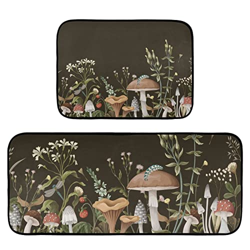 ZENWAWA Night Mushrooms Kitchen Mat 2 Pcs Set Anti Fatigue Cushioned Waterproof Non Slip Comfort Standing Padded Floor Mats Rugs Farmhouse Decor