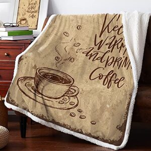 Yun Nist Sherpa Fleece Throw Blankets Vintage Coffee Bean with Mug Super Soft Reversible Blanket, Wram Cozy Throws for Sofa Couch Bed Warm Quotes 60x80in