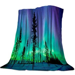 throw blanket warm microfiber fuzzy plush blanket flannel fleece bed blanket northern lights (aurora borealis) snow forest lightweight blanket throw for sofa bed couch 60x80 inch-colorful