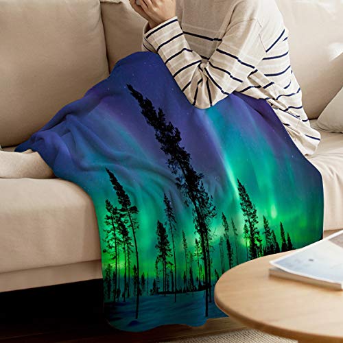 Throw Blanket Warm Microfiber Fuzzy Plush Blanket Flannel Fleece Bed Blanket Northern Lights (Aurora Borealis) Snow Forest Lightweight Blanket Throw for Sofa Bed Couch 60x80 Inch-Colorful